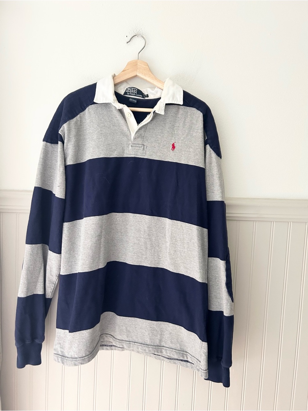 Vintage 90s Polo Ralph Lauren Men’s XL Rugby Shirt Grey Navy White Elbow Patch